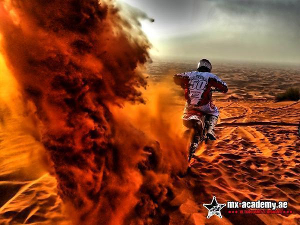 Motorbike desert safari Dubai: a rider with the number 50 rides off across the sand beside a towering cloud of red dust